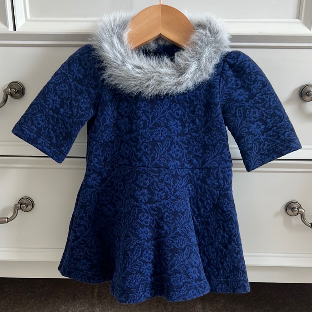 Janie and Jack- Blue Faux Fur Collar Baby Dress